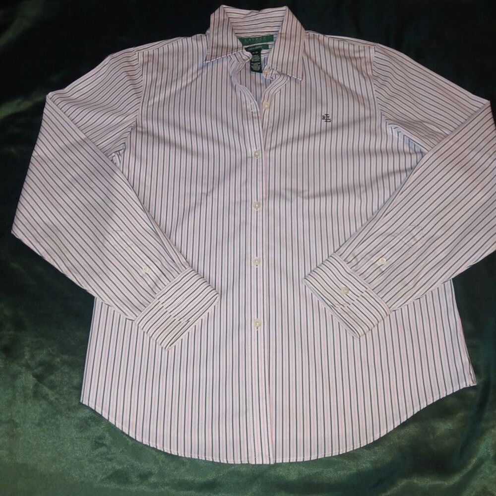 Lauren Ralph Lauren Striped Non-Iron Button Down Shirt - Petite Medium